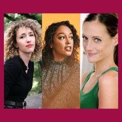 Graphic of the three new Scholars of Note at the American Library in Paris. Three headshots on top of a red background. From left to right: Lilly Dancyger, Dr. Eve L. Ewing, and Brenda Withers.