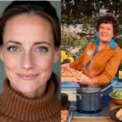 Collage of Scholar of Note Brenda Withers' headshot on the left, where she is smiling in a brown turtleneck with her long brown hair up, and Julia Child on the right, holding a cutting board with food on it and smiling.
