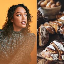 Collage of Scholar of Note Dr. Eve L. Ewing's headshot on the left, where she is looking to the right in a long sleeve top with her curly brown hair down, in front of a yellow background, and an image of bread on the right.