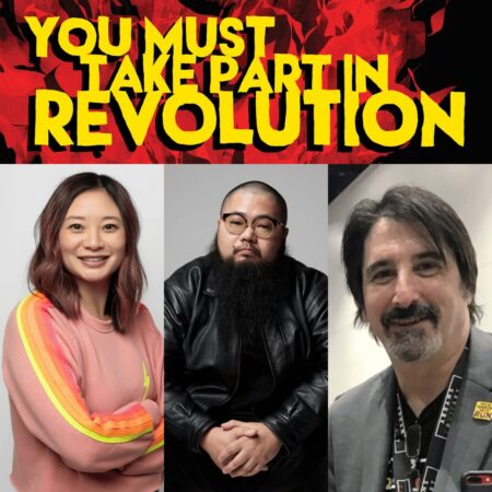 Graphic advertising Melissa Chan and Baiucao at the Miami Book Fair. A collage with three headshots of writer Melissa Chan, artist Badicao, and editor Charles Kochman. Above them is part of Melissa Chan and Baicao's graphic novel cover, which reads "You Must Take Part in Revolution."