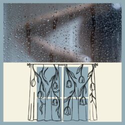 Composite of two images: the top half, an image of a blurred woman in a shower, the camera focused on the water droplets on the glass. The bottom image is an illustration of a pale blue window with a line drawing of curtains with tulips on them.