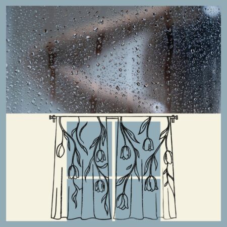 Composite of two images: the top half, an image of a blurred woman in a shower, the camera focused on the water droplets on the glass. The bottom image is an illustration of a pale blue window with a line drawing of curtains with tulips on them.