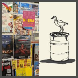 Composite of two images: the left, a signboard in the Mumbai neighborhood of Aram Nagar advertising acting classes, workshops and plays. The right, an illustration of a bird on top of a dripping canister of oil.