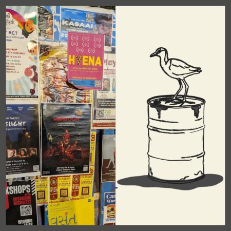 Composite of two images: the left, a signboard in the Mumbai neighborhood of Aram Nagar advertising acting classes, workshops and plays. The right, an illustration of a bird on top of a dripping canister of oil.