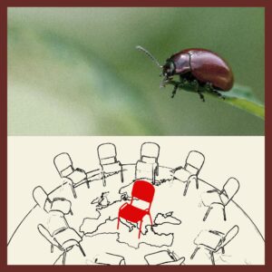 Composite of two images: the top, a june bugs in Bogotá on a leaf. The bottom, an illustration of a circle of chairs on top of the earth, with one red one in the middle.