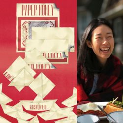Graphic for poet Winshen Liu's upcoming publication, PAPER MONEY. To the right is Winshen's headshot, where she is smiling at the camera in a red and black coat with her long hair down, next to her book cover for PAPER MONEY, which has a red background and various cream colored origami sheets folding in different ways.